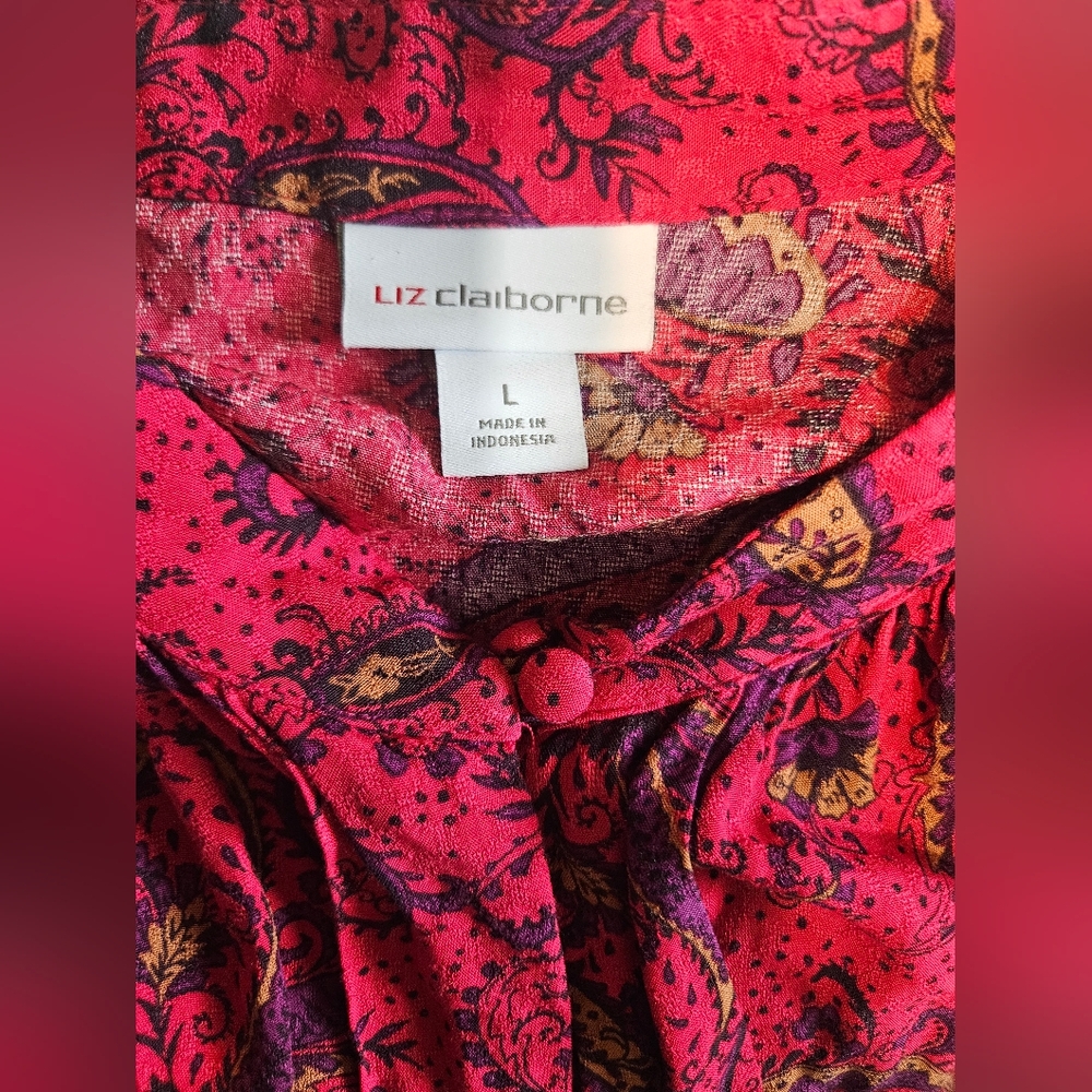 🩷💚Liz Claiborne Womans Key Hole Neckline Top Size L Reddish/Pink Multi🩵💜 - Picture 3 of 7